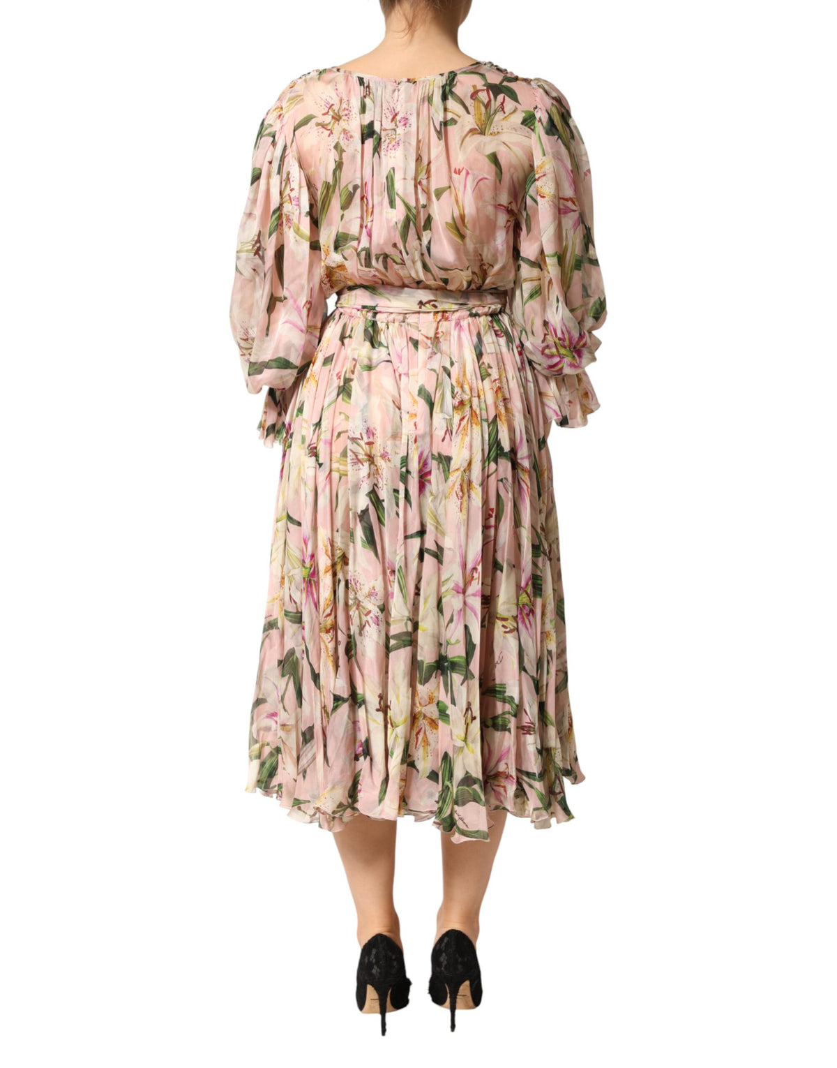 Robe Maxi Plissée A-Line à Imprimé Lys Rose de Dolce & Gabbana