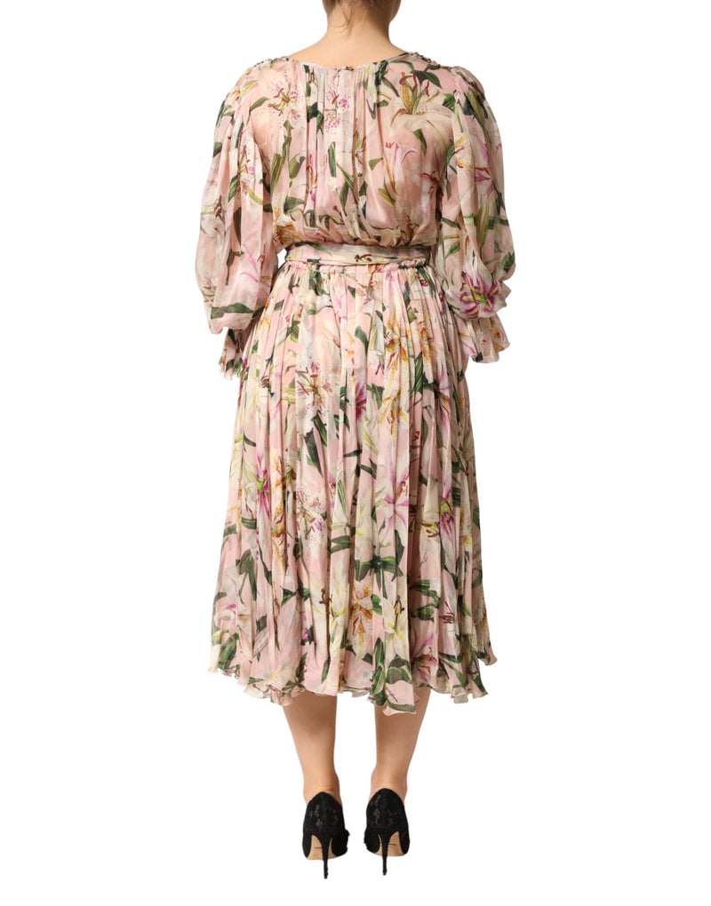 Robe Maxi Plissée A-Line à Imprimé Lys Rose de Dolce & Gabbana