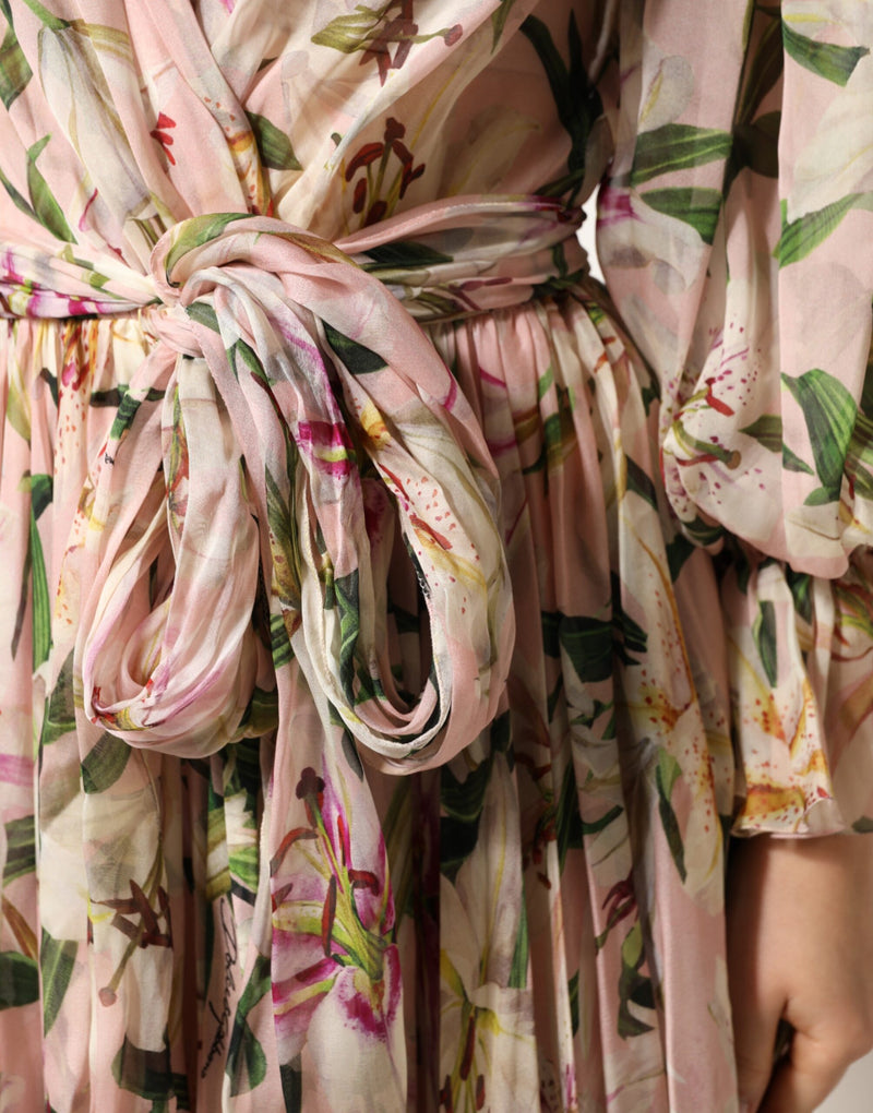 Robe Maxi Plissée A-Line à Imprimé Lys Rose de Dolce & Gabbana
