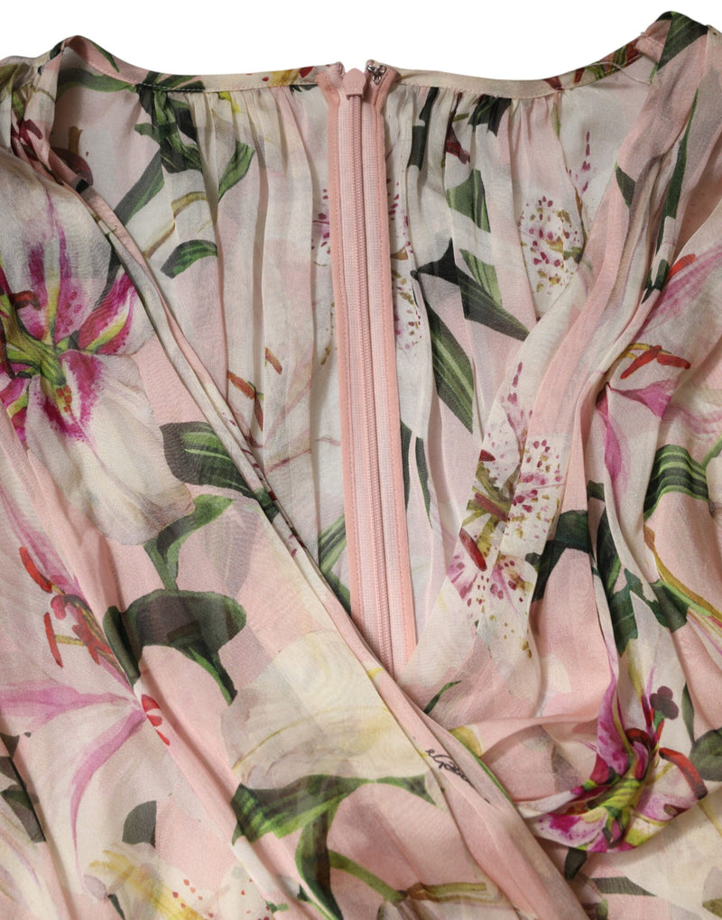 Robe Maxi Plissée A-Line à Imprimé Lys Rose de Dolce & Gabbana