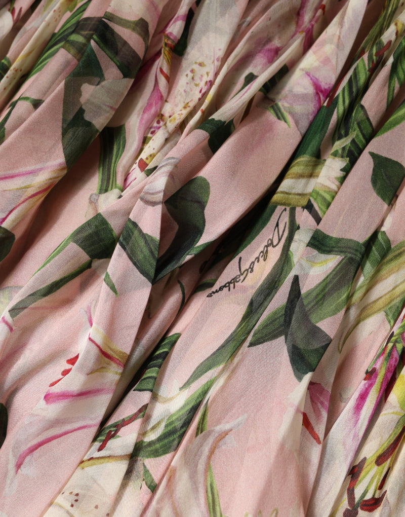 Robe Maxi Plissée A-Line à Imprimé Lys Rose de Dolce & Gabbana