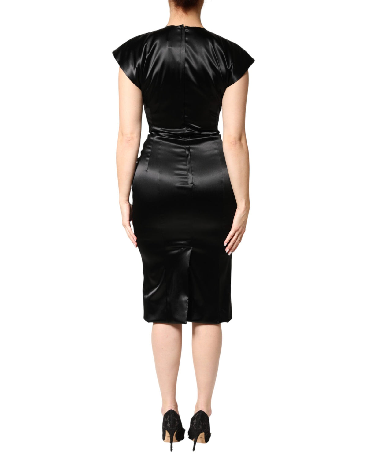 Dolce & Gabbana Black Satin Sheath Midi Dress with Cap Sleeves