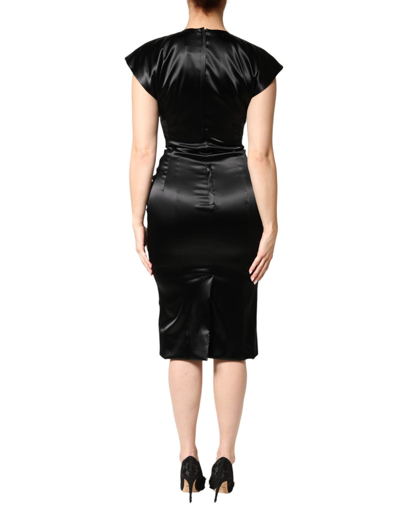 Dolce & Gabbana Black Satin Sheath Midi Dress with Cap Sleeves