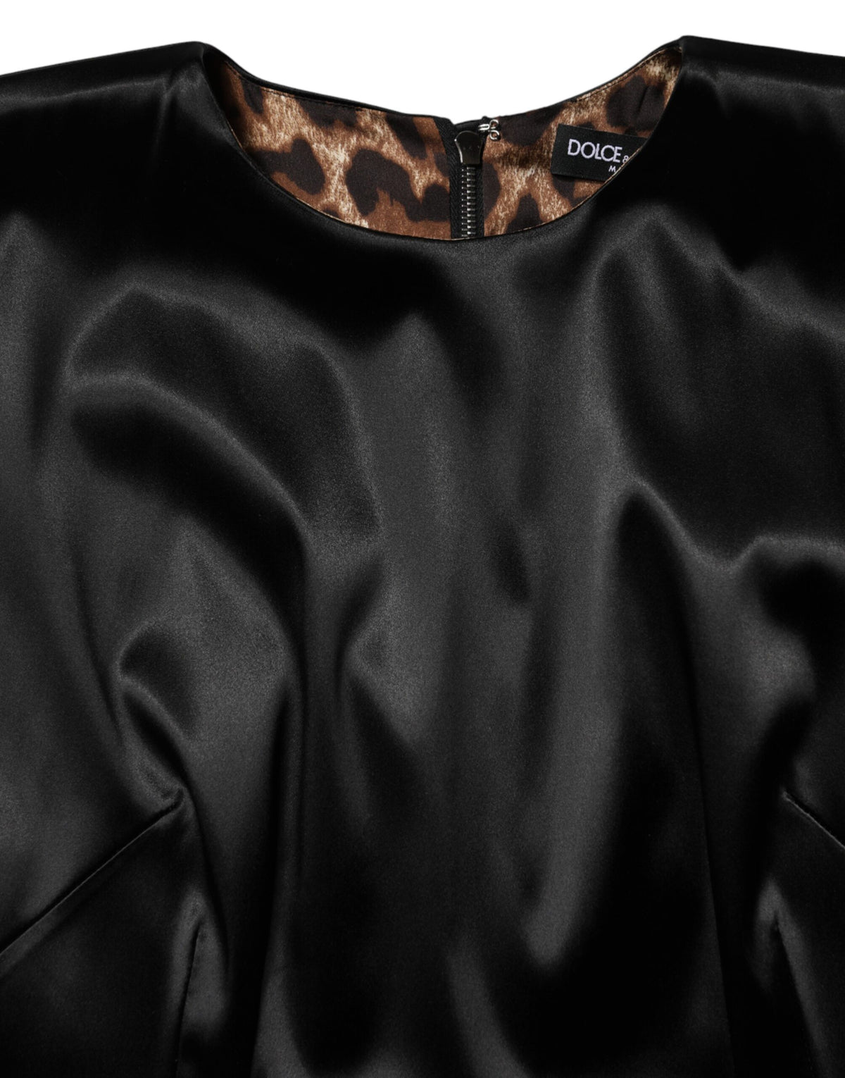 Dolce & Gabbana Black Satin Sheath Midi Dress with Cap Sleeves