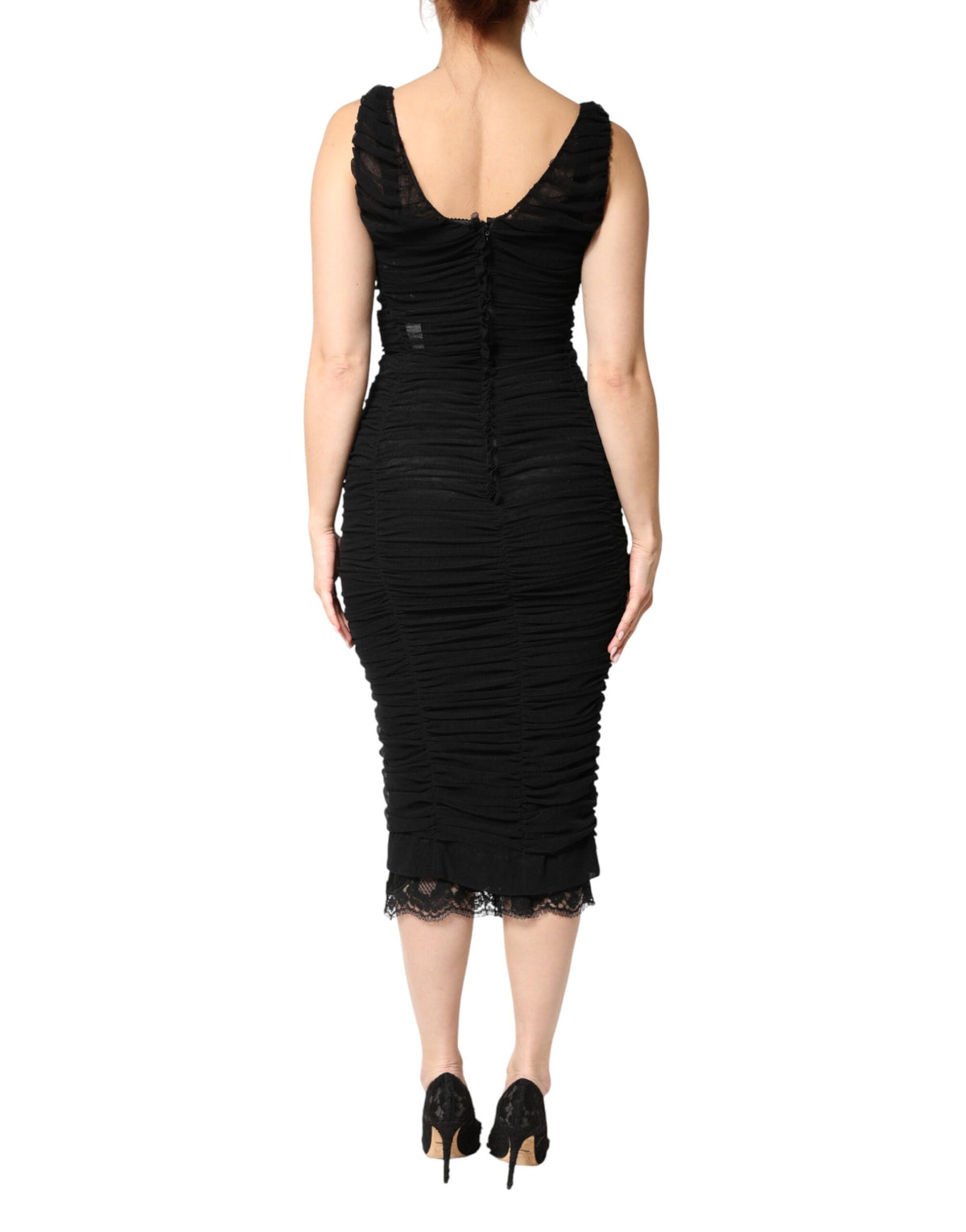 Dolce & Gabbana Robe Midi Noire à Encolure en V et Ourlet en Dentelle