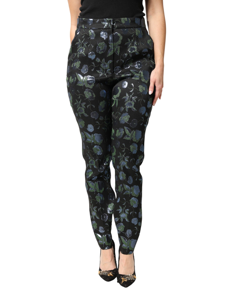 Dolce & Gabbana Blue Green Floral Metallic Slim Trouser Pants