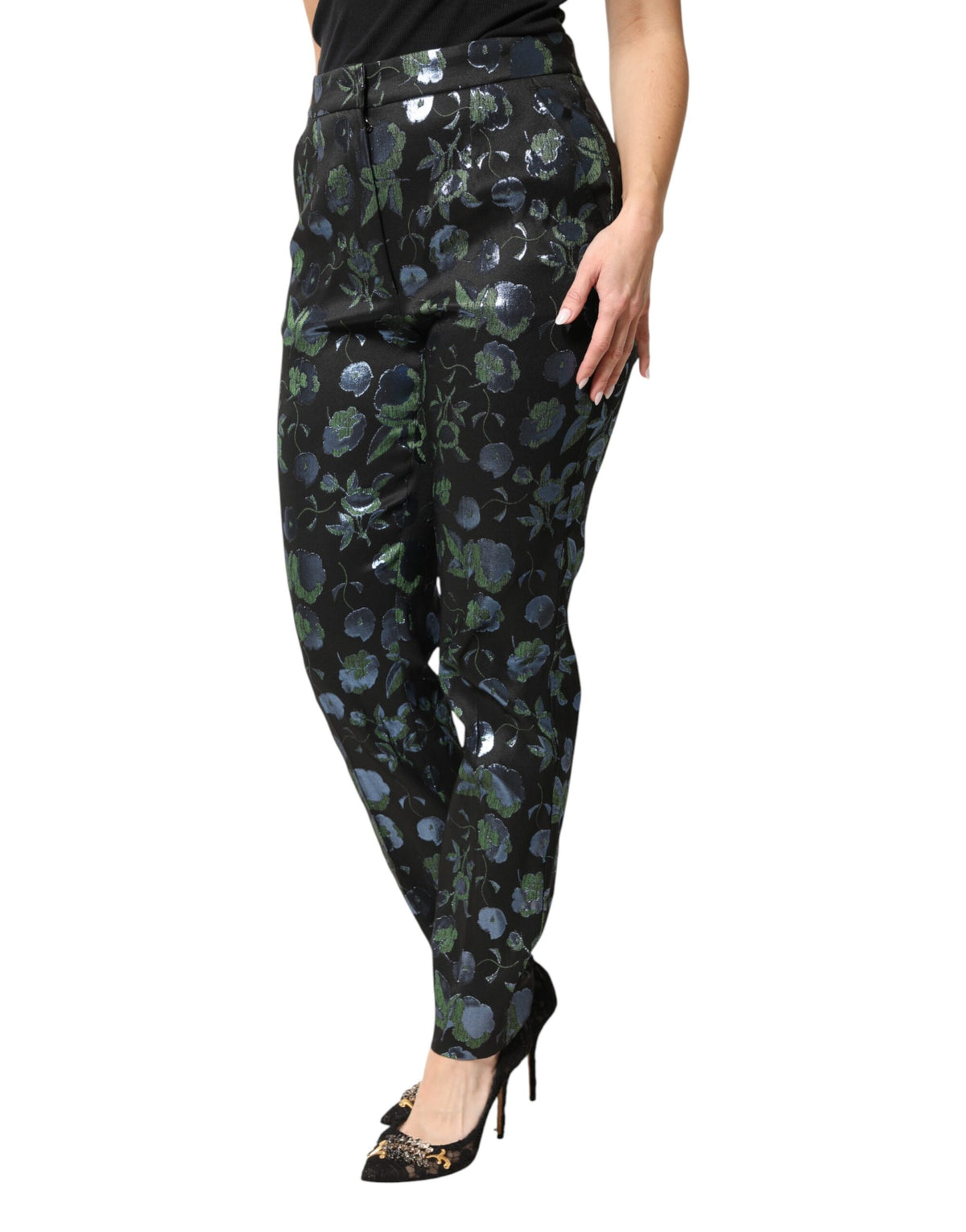 Dolce & Gabbana Blue Green Floral Metallic Slim Trouser Pants