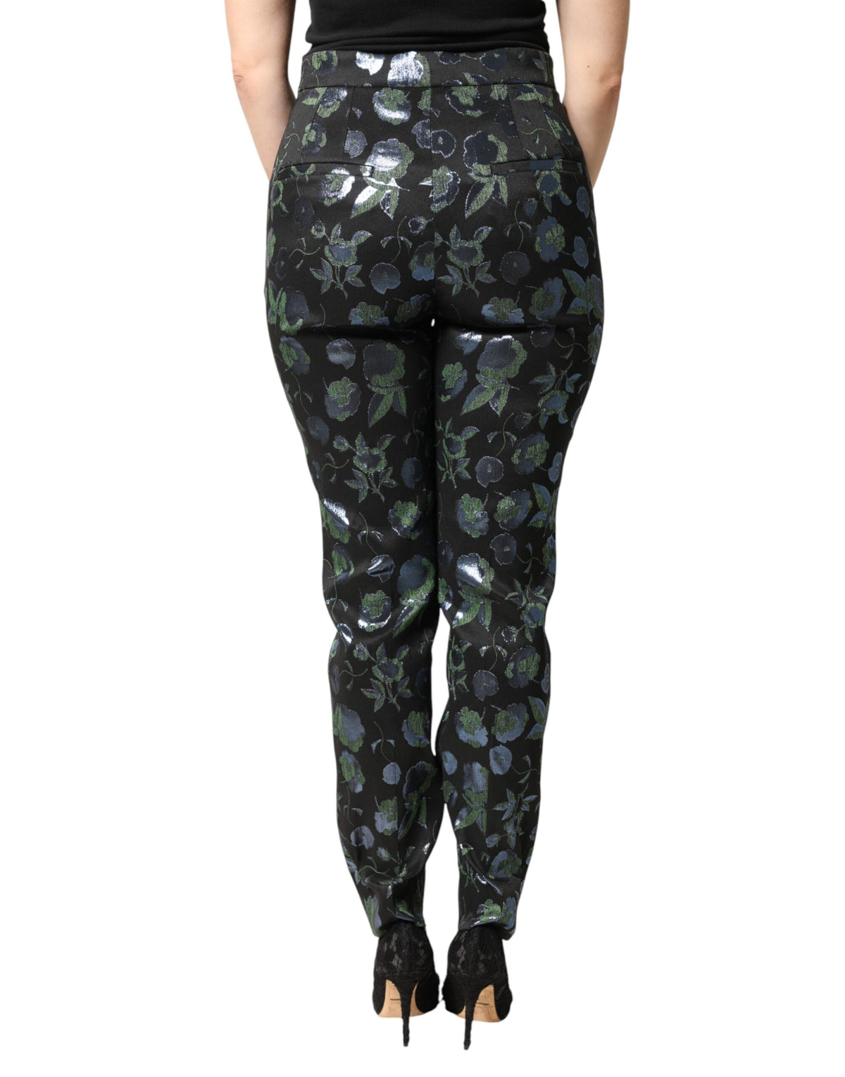 Dolce & Gabbana Blue Green Floral Metallic Slim Trouser Pants