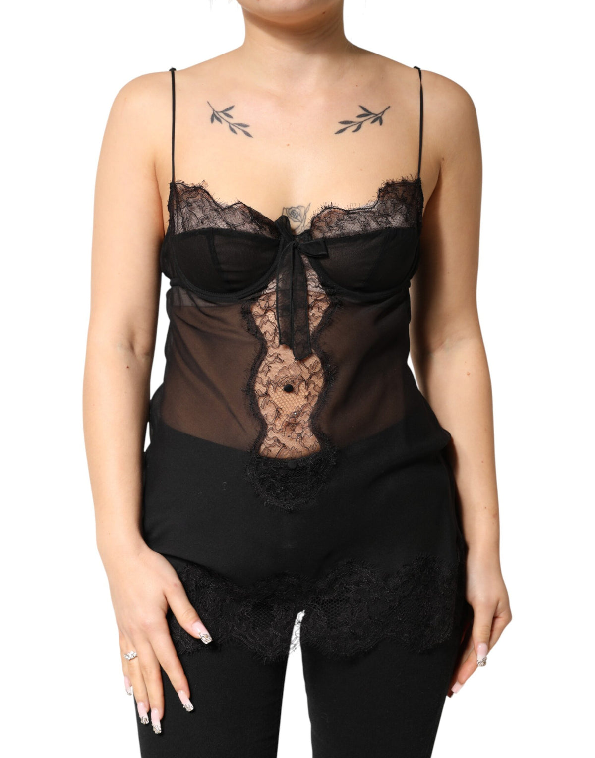 Dolce & Gabbana Chemise Lingerie Top en Soie Noire et Dentelle Florale