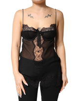 Dolce & Gabbana Chemise Lingerie Top en Soie Noire et Dentelle Florale