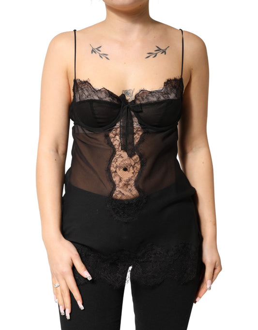 Dolce & Gabbana Chemise Lingerie Top en Soie Noire et Dentelle Florale