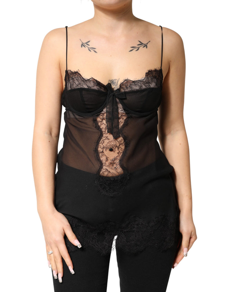 Dolce & Gabbana Chemise Lingerie Top en Soie Noire et Dentelle Florale