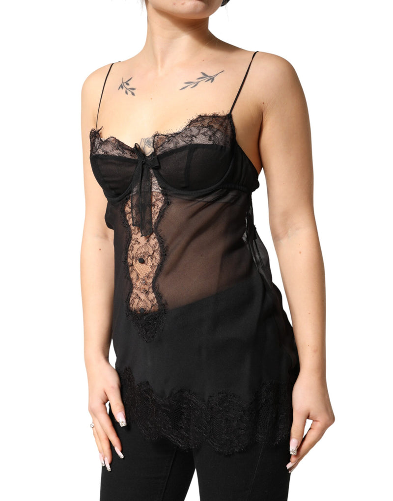 Dolce & Gabbana Chemise Lingerie Top en Soie Noire et Dentelle Florale
