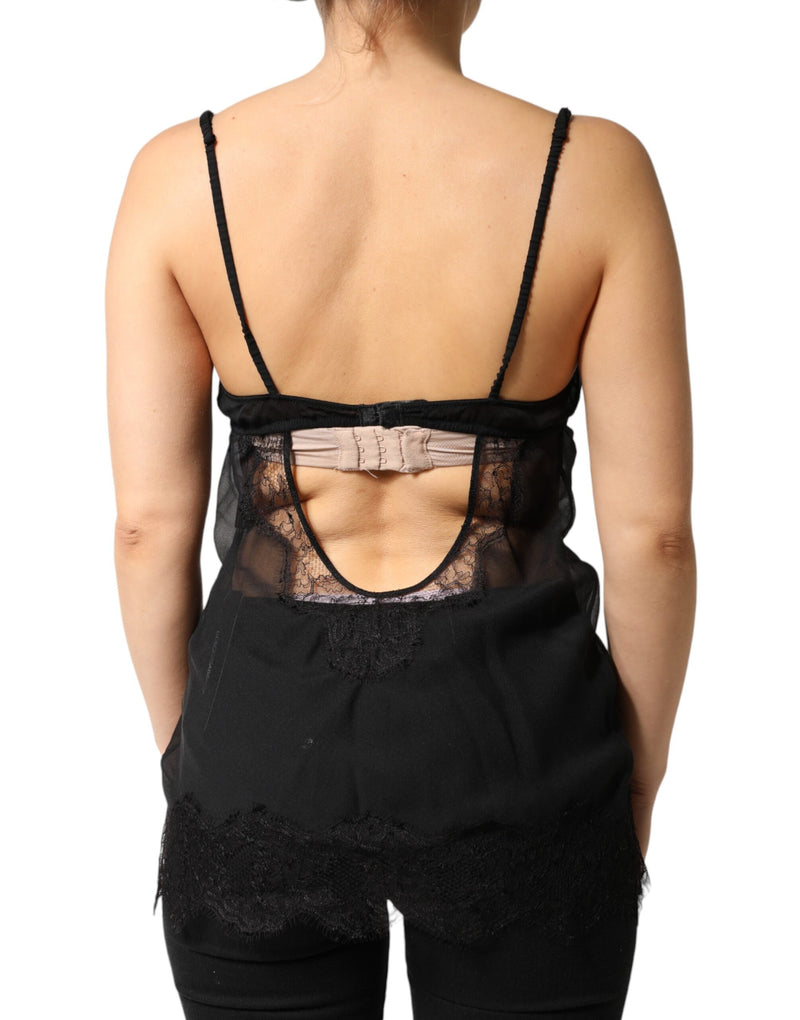 Dolce & Gabbana Chemise Lingerie Top en Soie Noire et Dentelle Florale