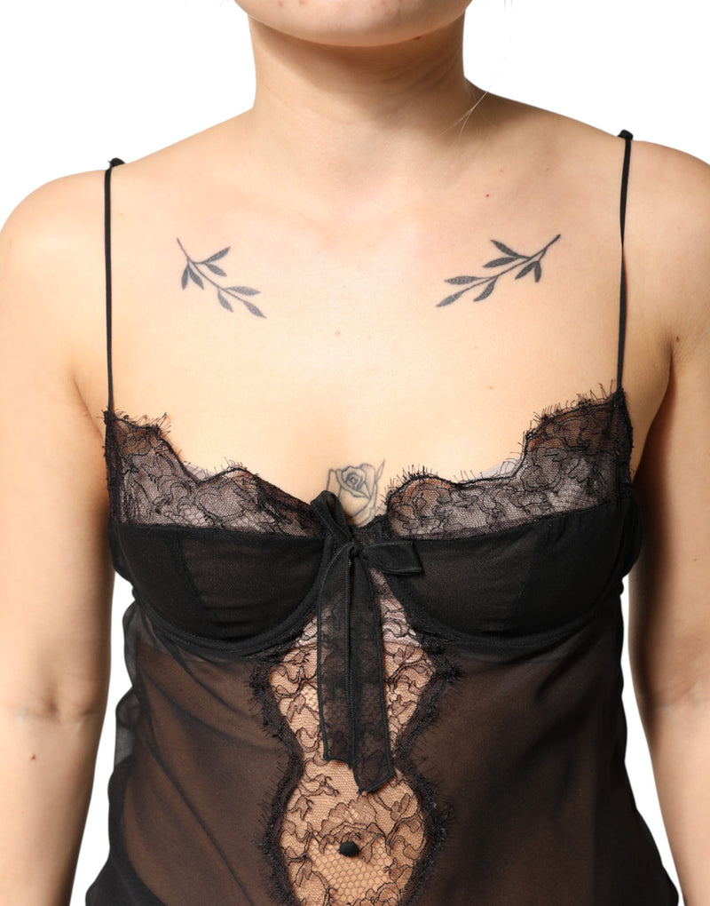 Dolce & Gabbana Chemise Lingerie Top en Soie Noire et Dentelle Florale