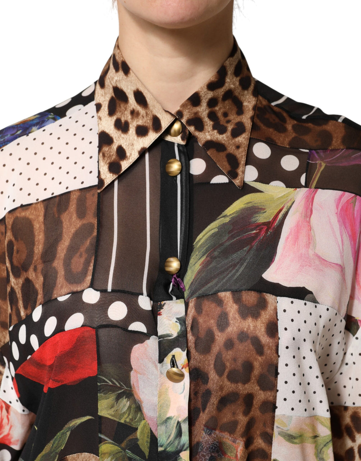 Dolce & Gabbana Multicolor Patchwork Silk Collared Blouse Top
