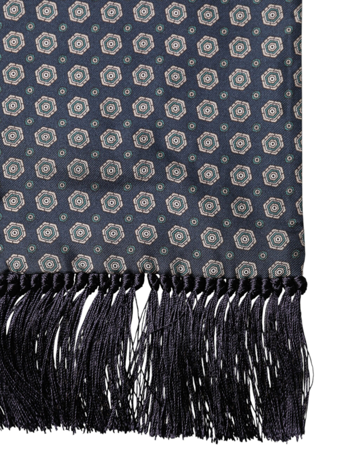 Foulard Dolce &amp; Gabbana en soie bleue à motifs et franges, 138 cm x 15,5 cm