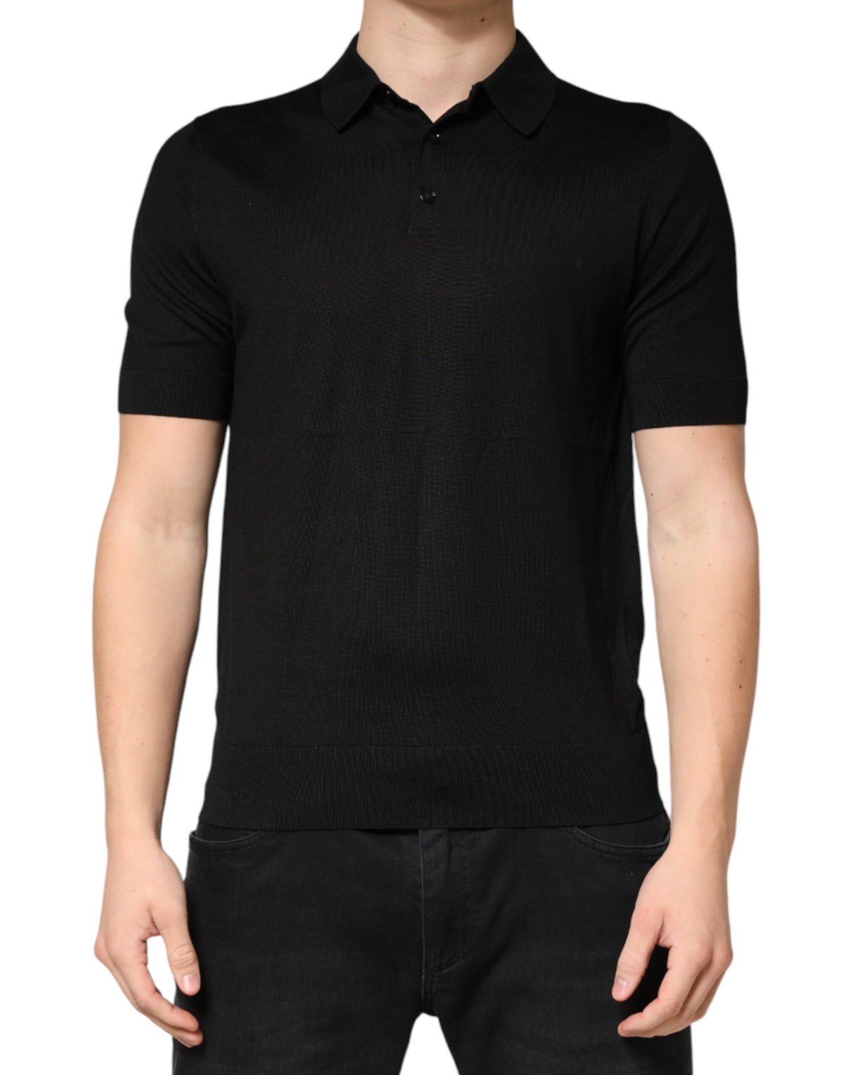 Polo Dolce &amp; Gabbana noir en soie à col et manches courtes
