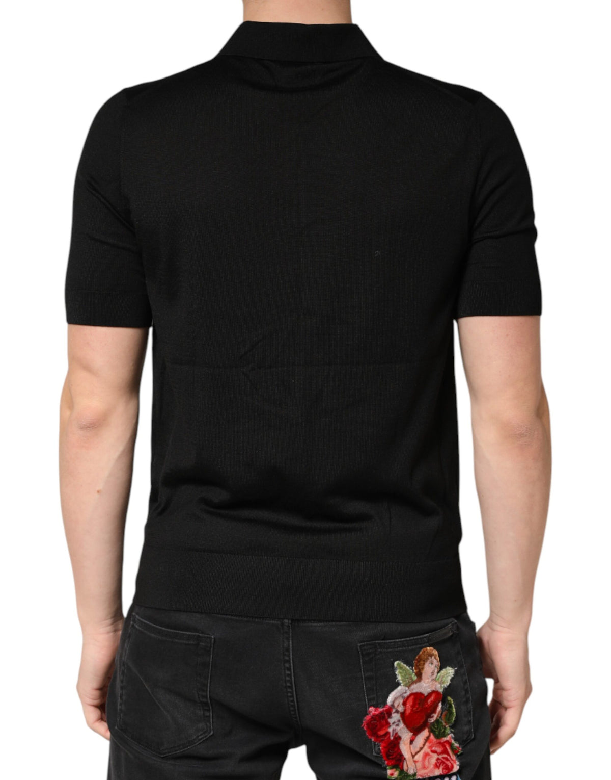 Polo Dolce &amp; Gabbana noir en soie à col et manches courtes