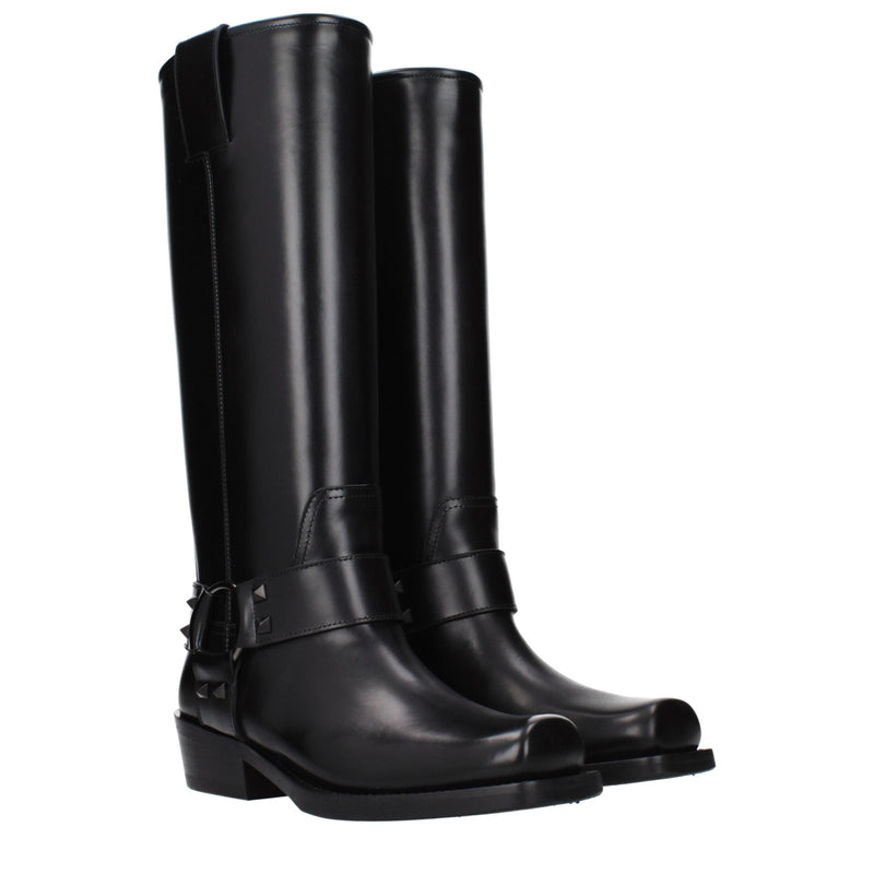 Valentino Garavani Black Leather Boots with Studs