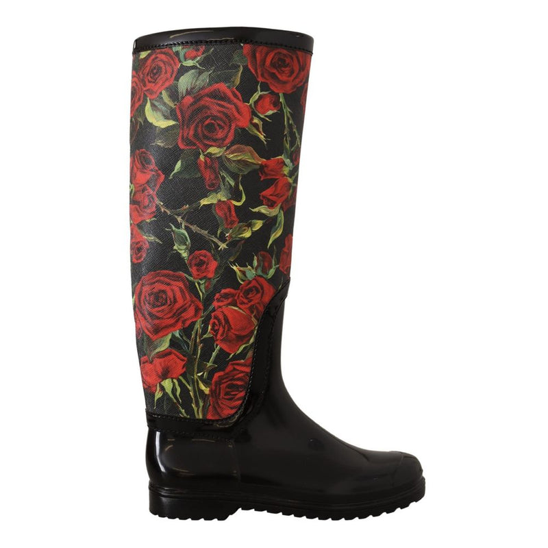 Dolce & Gabbana Black Polyvinyl Rain Boots with Red Roses