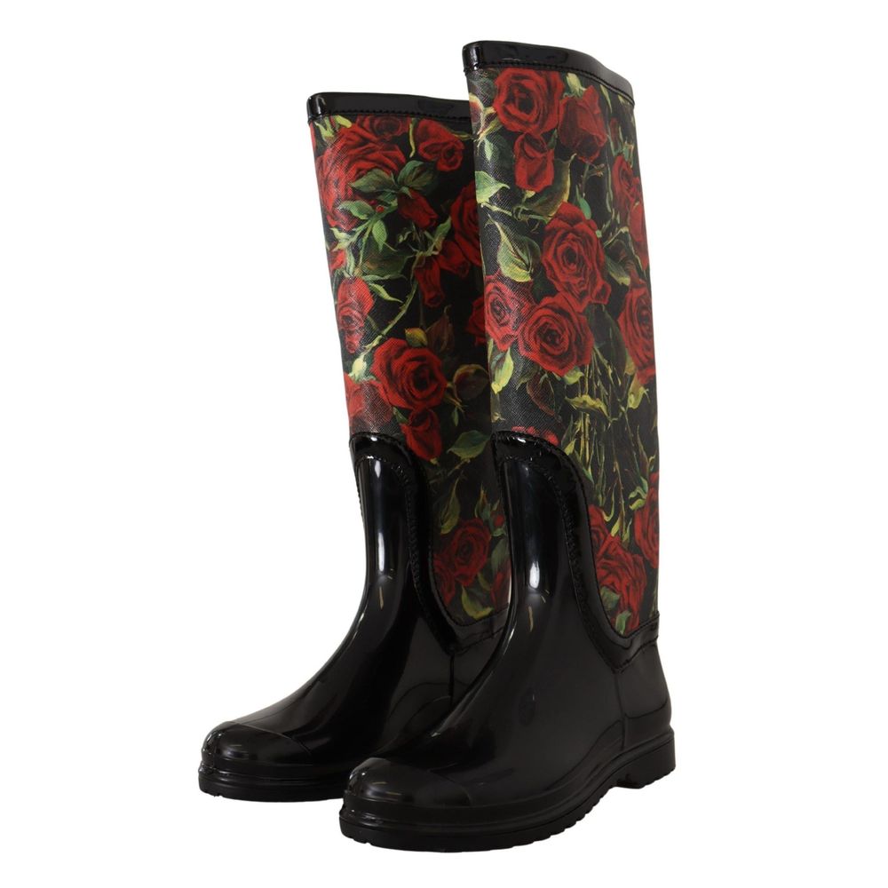 Dolce & Gabbana Black Polyvinyl Rain Boots with Red Roses