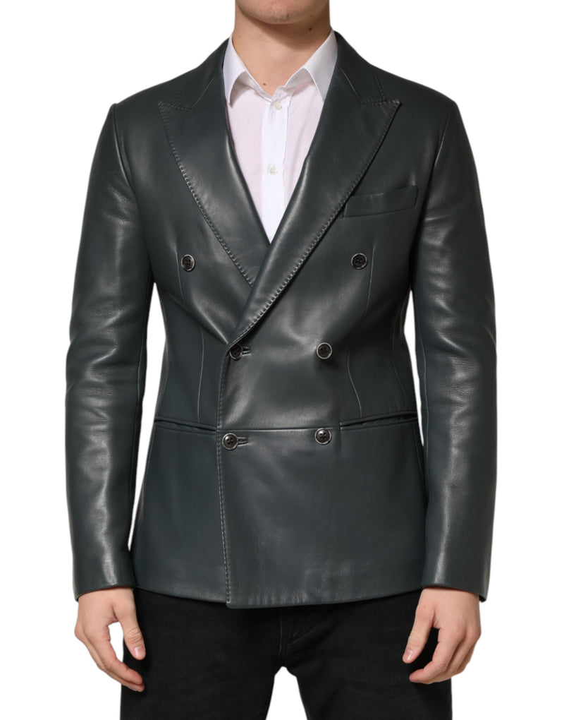 Blazer croisé à deux boutons en cuir noir Dolce &amp; Gabbana
