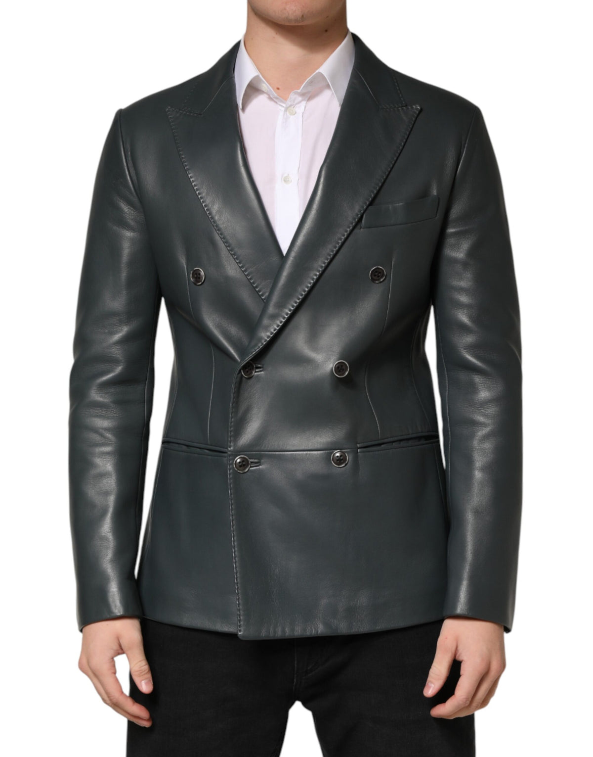 Blazer croisé à deux boutons en cuir noir Dolce &amp; Gabbana