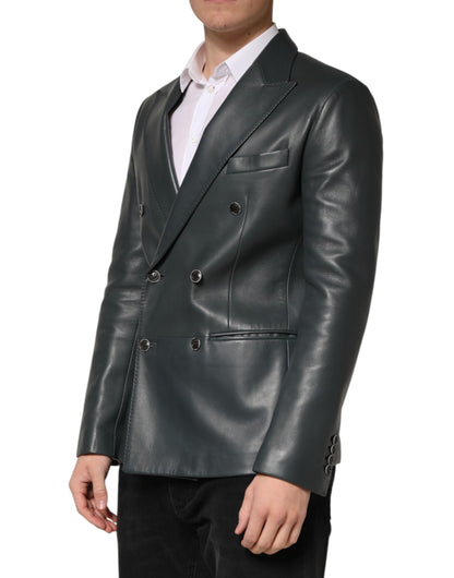 Blazer croisé à deux boutons en cuir noir Dolce &amp; Gabbana