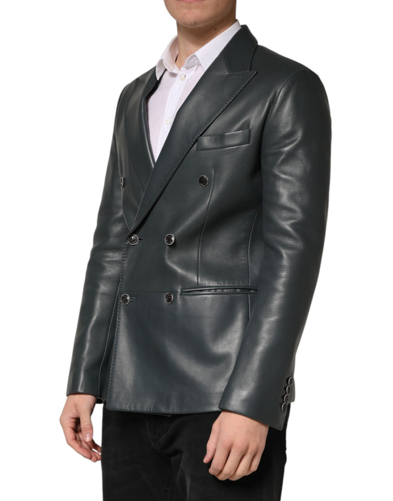 Blazer croisé à deux boutons en cuir noir Dolce &amp; Gabbana