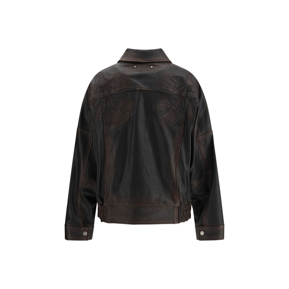 Golden Goose Brown Viscose Bomber Jacket with Floral Embroidery