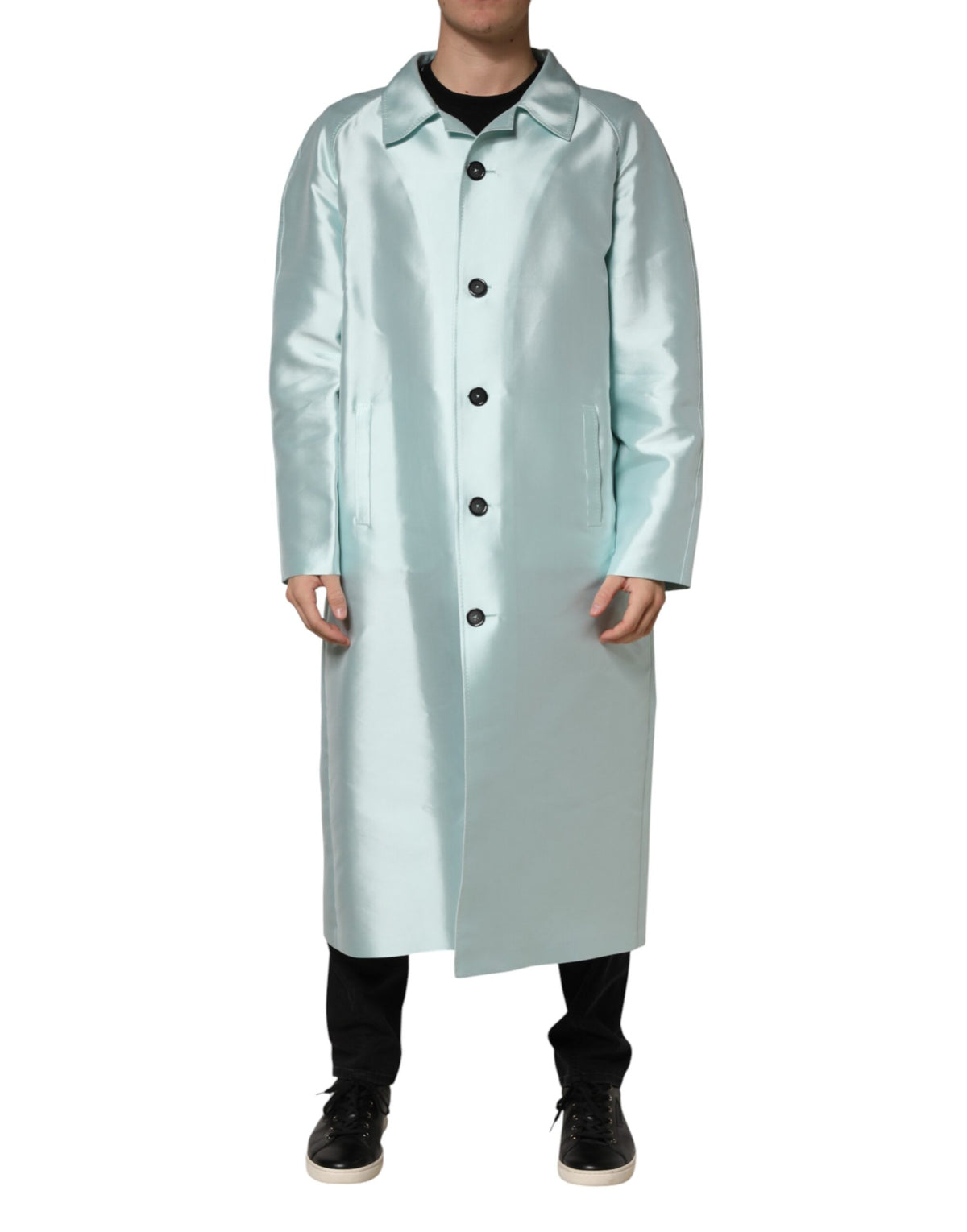 Manteau trench long à col en satin turquoise Dolce &amp; Gabbana