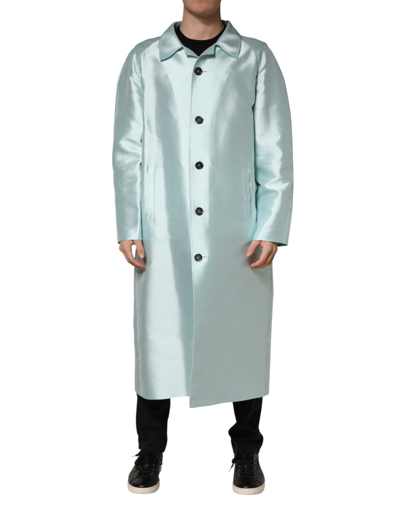Manteau trench long à col en satin turquoise Dolce &amp; Gabbana