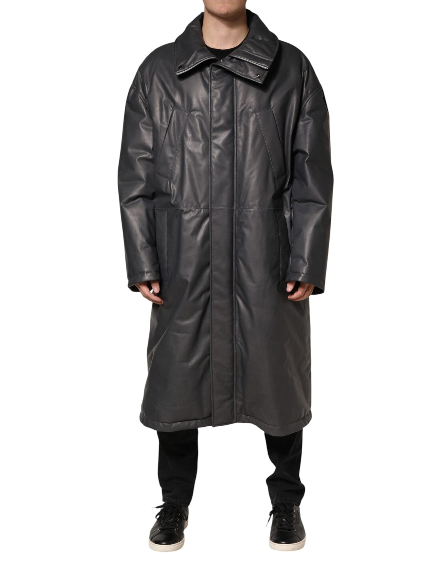 Manteau trench-coat Dolce &amp; Gabbana en cuir noir à col