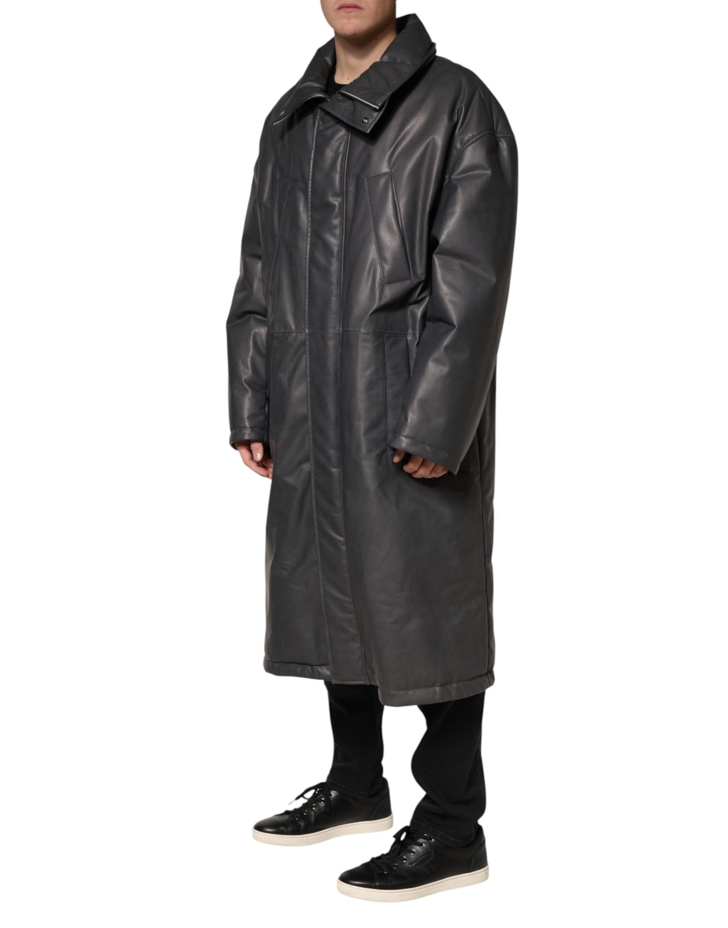 Manteau trench-coat Dolce &amp; Gabbana en cuir noir à col
