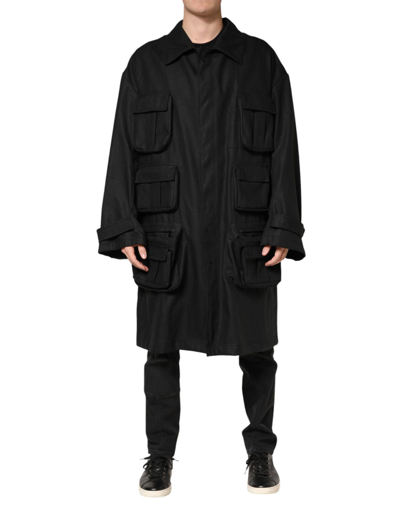 Trench-coat noir à poches et col Dolce &amp; Gabbana