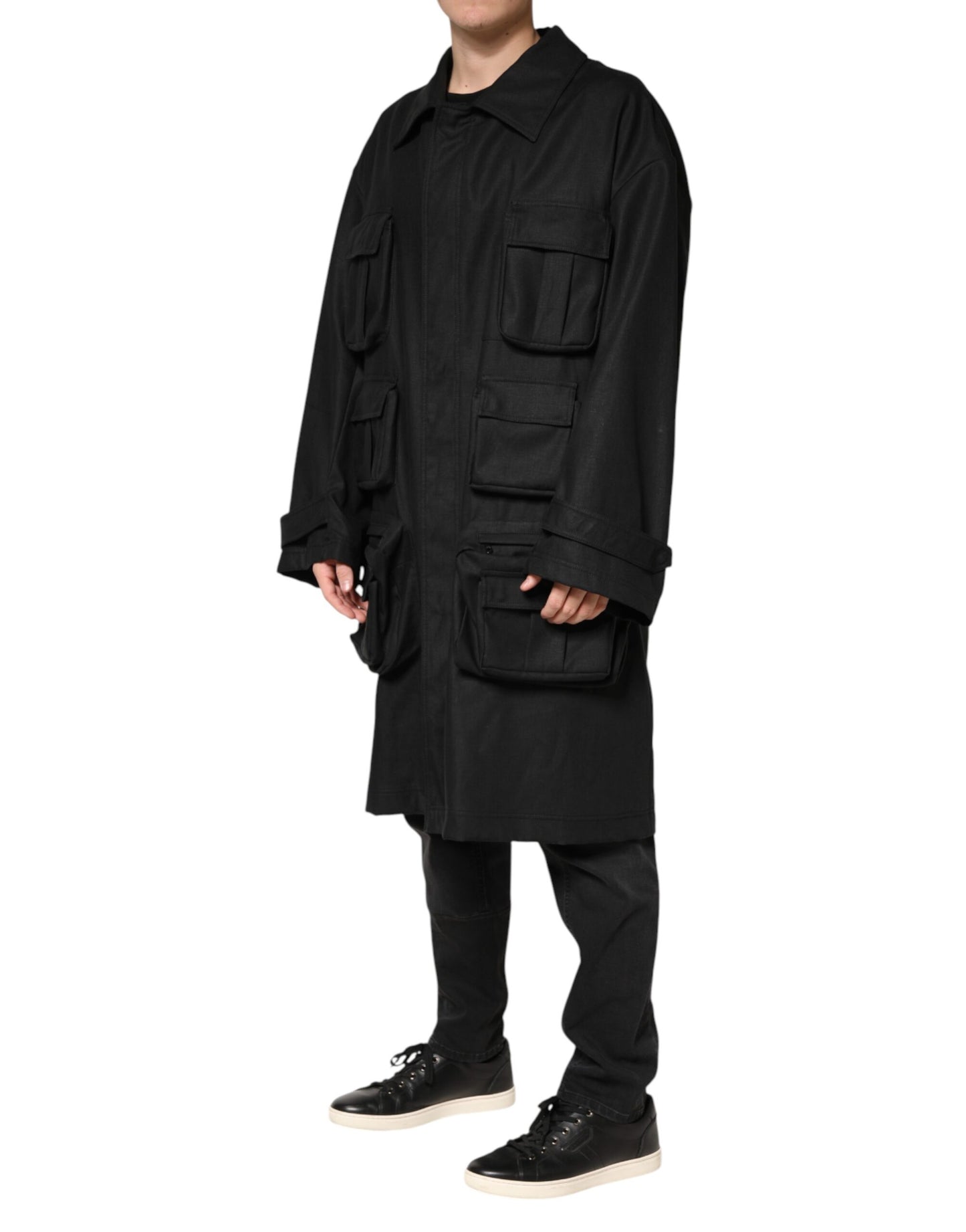 Trench-coat noir à poches et col Dolce &amp; Gabbana