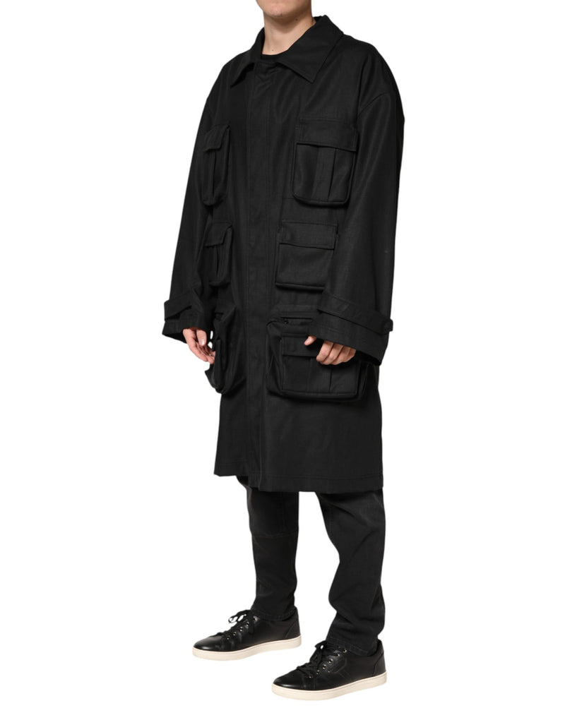Trench-coat noir à poches et col Dolce &amp; Gabbana