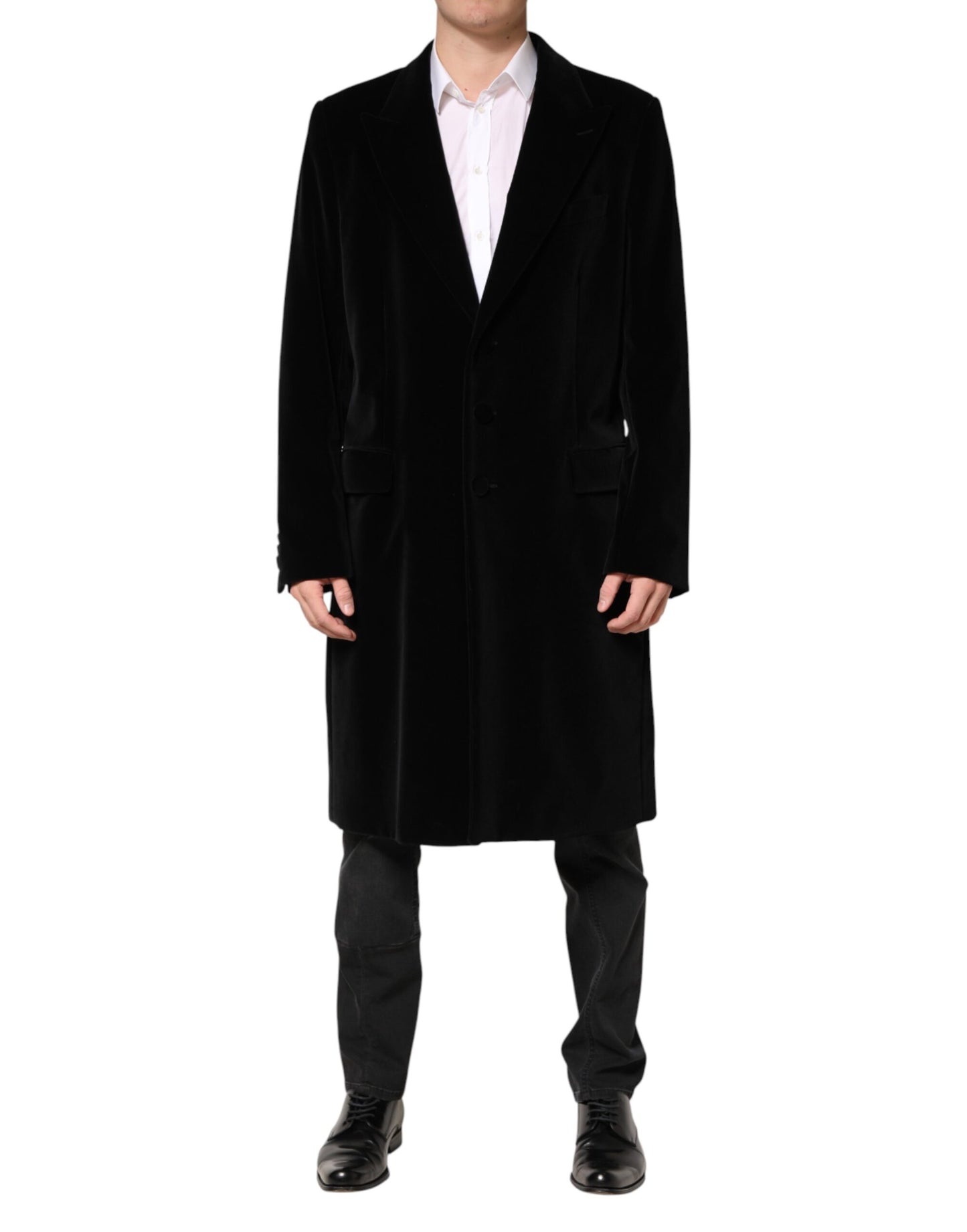 Manteau long trench-coat en velours de coton noir Dolce &amp; Gabbana
