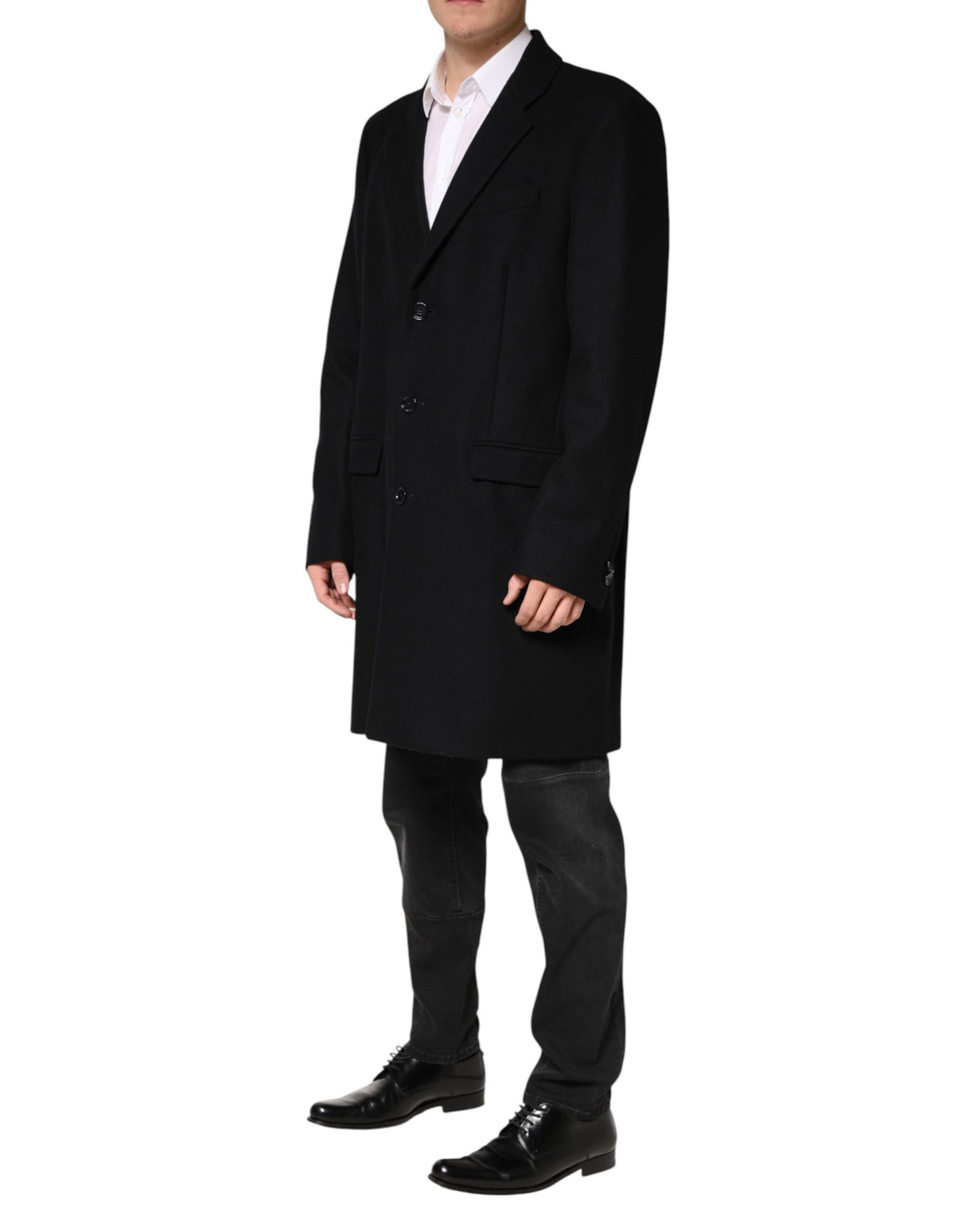 Manteau long Dolce &amp; Gabbana en laine noire à simple boutonnage