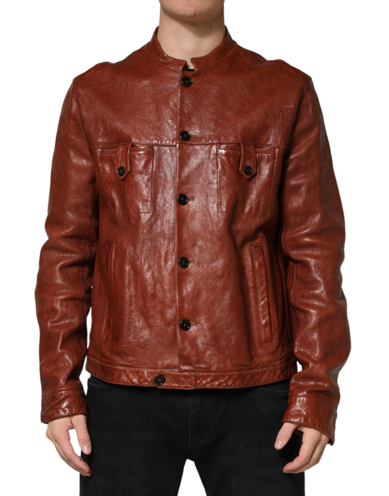Veste de motard Dolce &amp; Gabbana en cuir marron à boutons pour homme