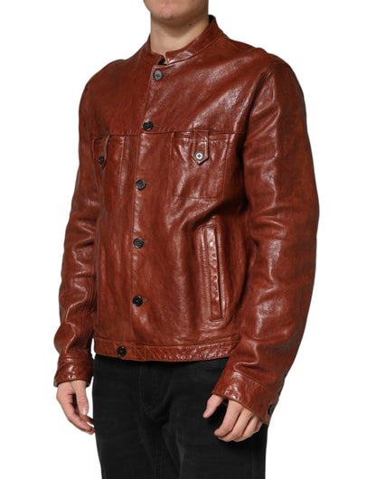 Veste de motard Dolce &amp; Gabbana en cuir marron à boutons pour homme