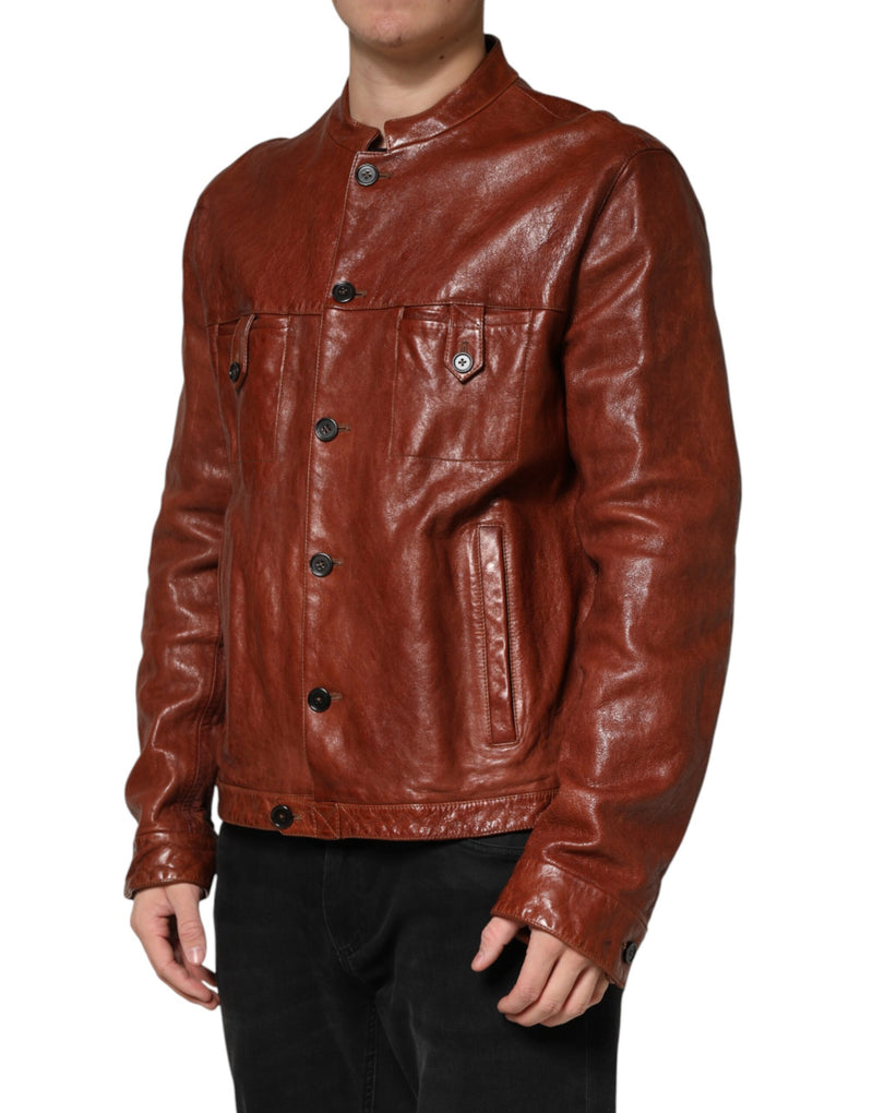 Veste de motard Dolce &amp; Gabbana en cuir marron à boutons pour homme