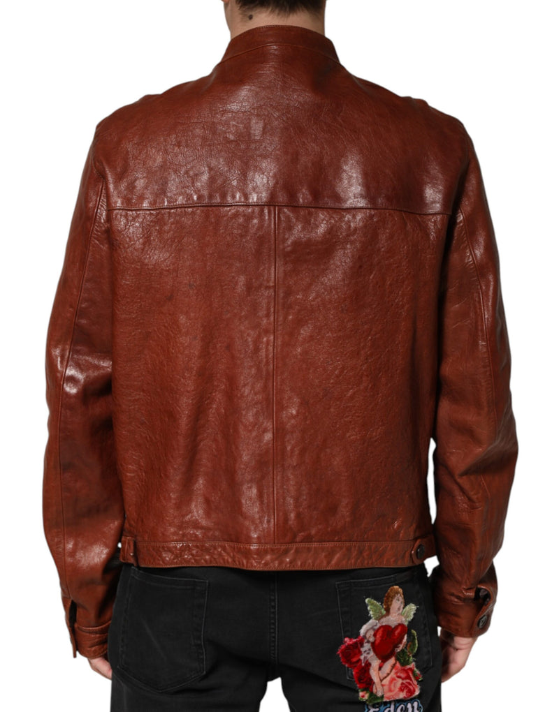 Veste de motard Dolce &amp; Gabbana en cuir marron à boutons pour homme