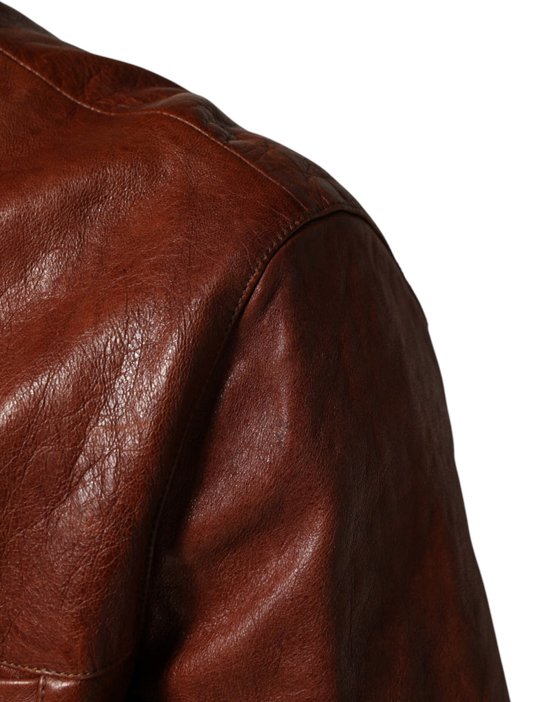 Veste de motard Dolce &amp; Gabbana en cuir marron à boutons pour homme