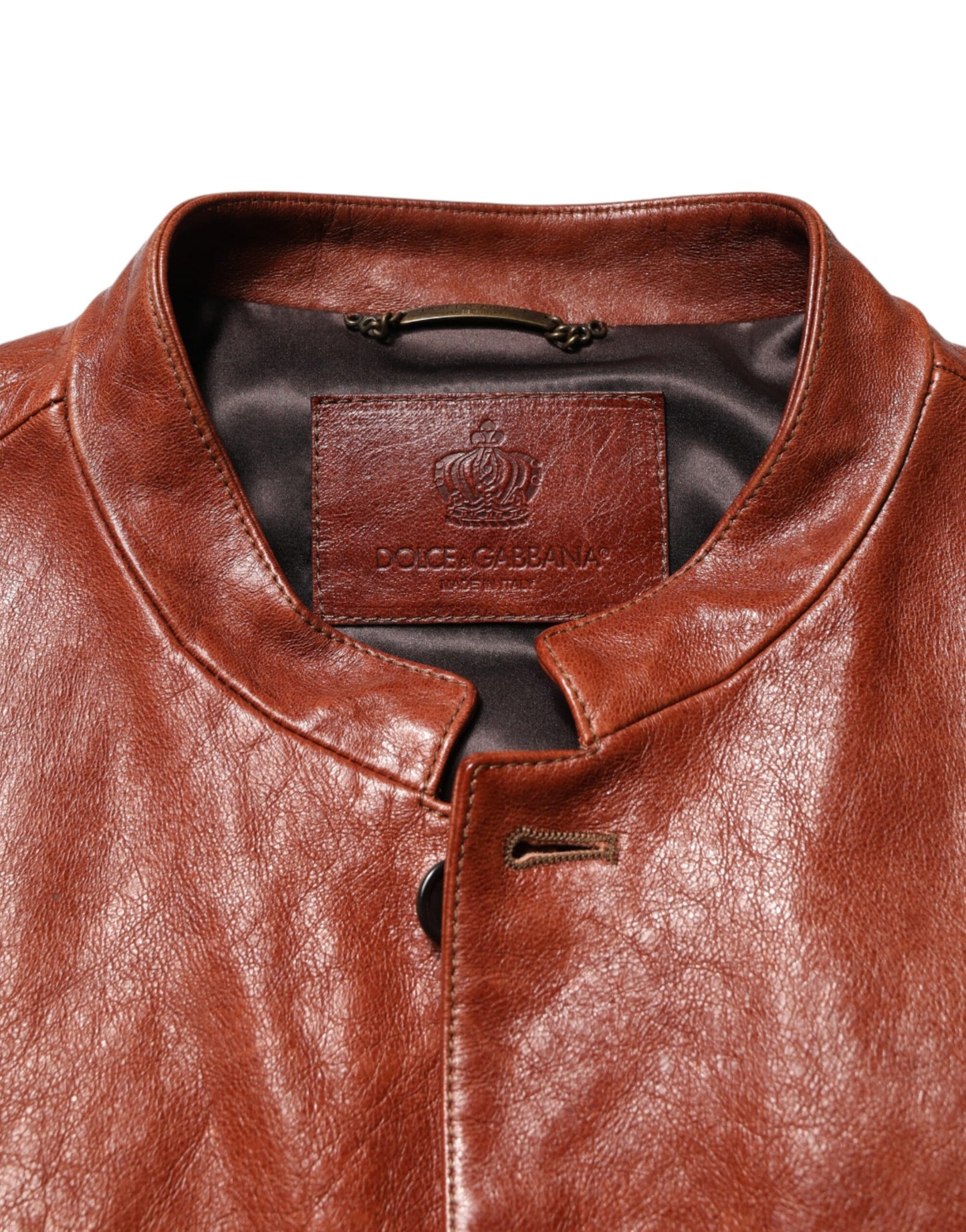Veste de motard Dolce &amp; Gabbana en cuir marron à boutons pour homme