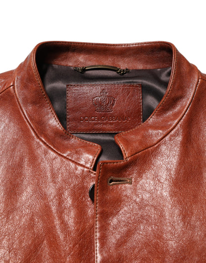 Veste de motard Dolce &amp; Gabbana en cuir marron à boutons pour homme