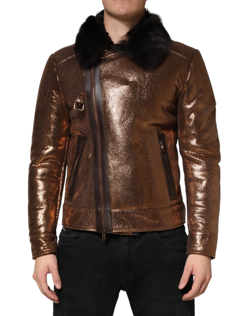 Veste de motard homme Dolce &amp; Gabbana en cuir bronze et fourrure, fermeture éclair intégrale