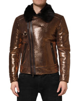 Veste de motard homme Dolce &amp; Gabbana en cuir bronze et fourrure, fermeture éclair intégrale