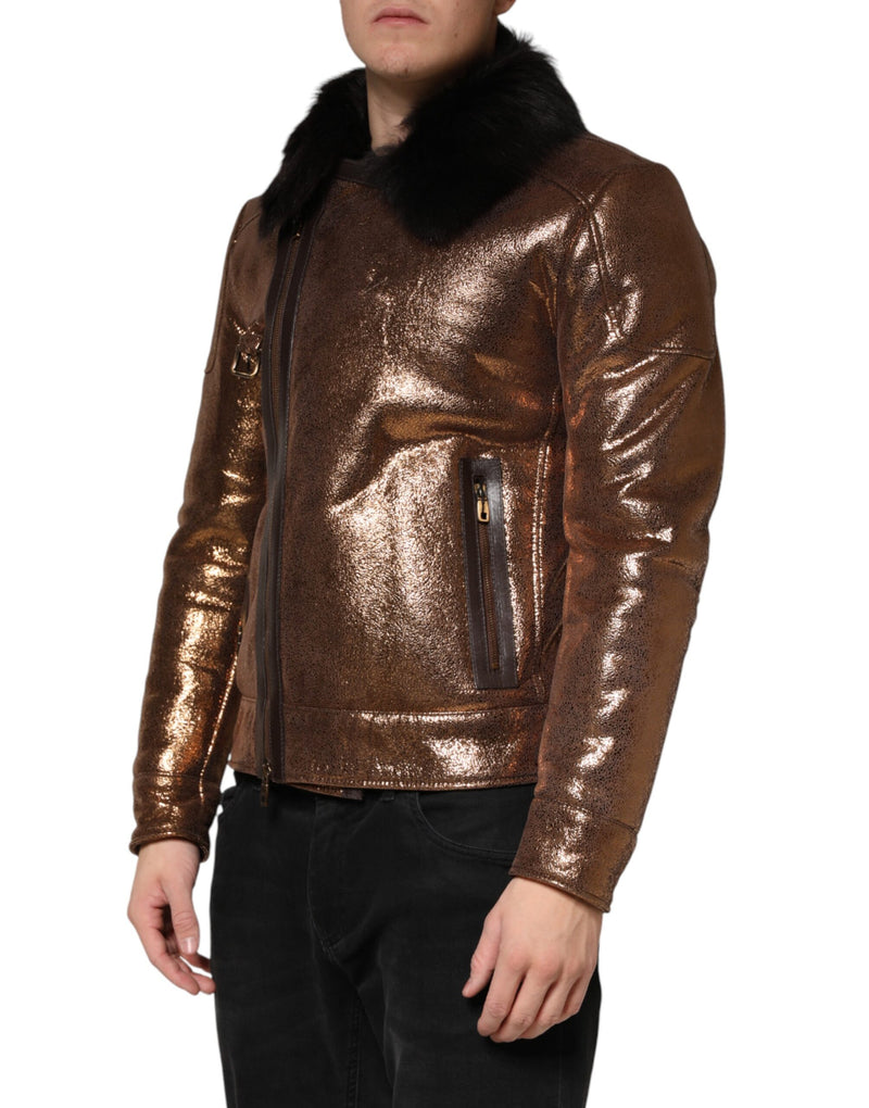 Veste de motard homme Dolce &amp; Gabbana en cuir bronze et fourrure, fermeture éclair intégrale